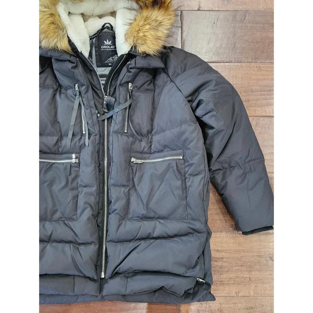 Orolay Ski Lodge Expandable 3XL Black Thickened Down Jacket Faux Fur Hood